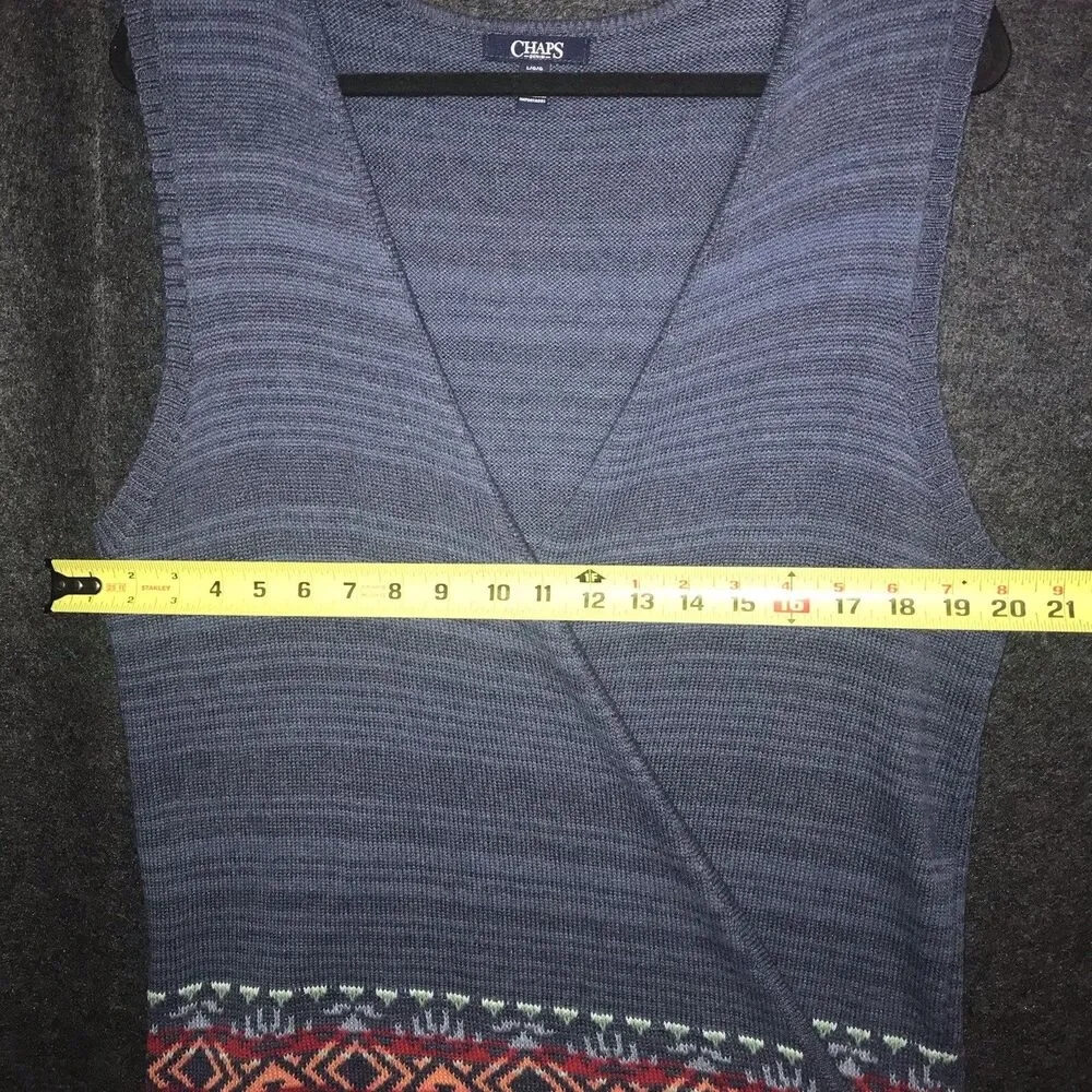 Chaps Denim Knit Vest Blue Aztec Southwestern Colorful Trim Women’s Size Large - Picture 10 of 11